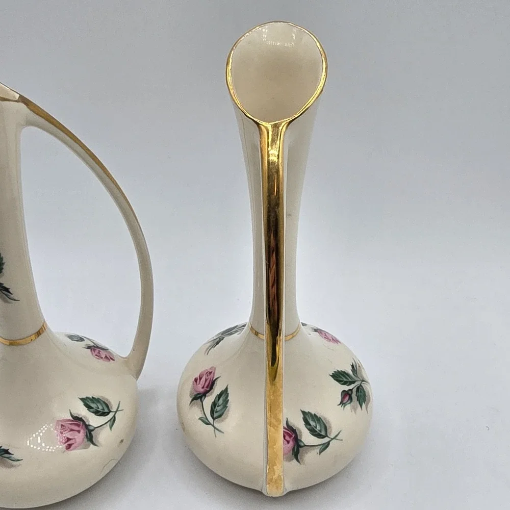 2 Vintage Kaolena California Porcelain Pitcher Bud Vase Hand Decorated 6.25